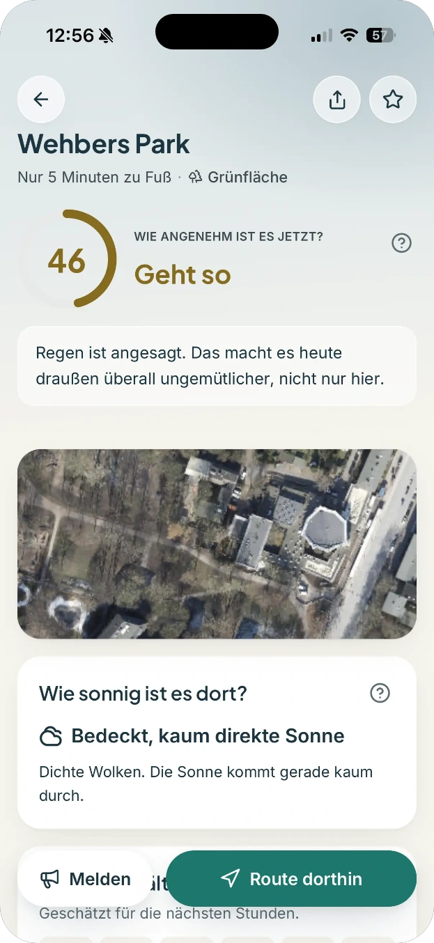 Die Detailseite eines Parks in der PlatzDa-App auf dem iPhone: Bewertung, ehrlicher Regen-Hinweis, Luftbild und die Karte, wie sonnig es dort ist