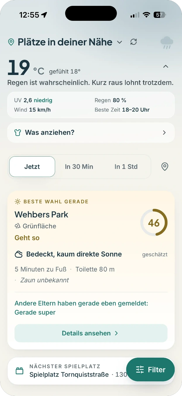 Die PlatzDa-App auf dem iPhone: Startbildschirm mit Wetter, Werteleiste und der besten Wahl gerade an einem Regentag